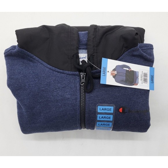 Champion Men's Large Fleece Woven-Mix Half Zip Two Tone Hoodie Navy - Picture 4 of 6